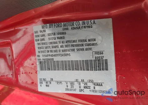 2000 Ford Mustang from USA, damaged, VIN 1FAFP4040YF245895